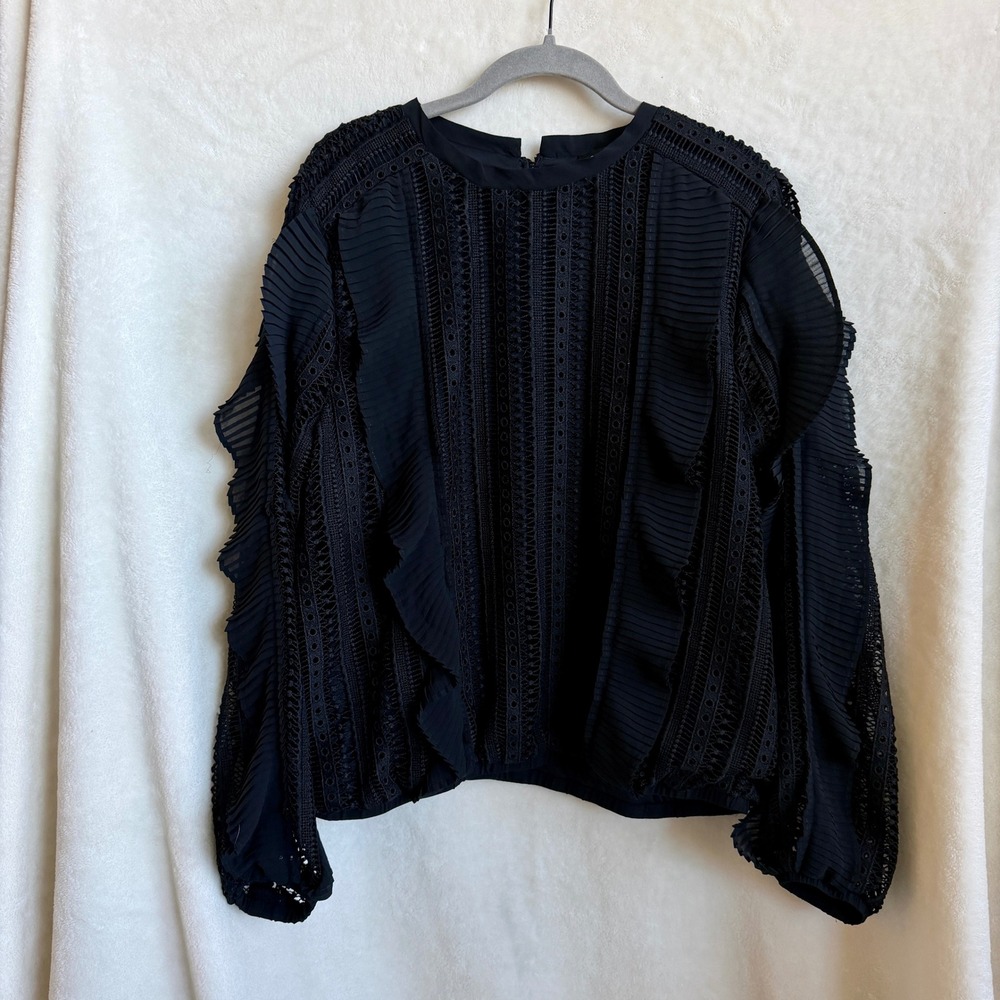 Calligraphie Black Crochet Lace Long Sleeve Blouse Ruffle Trim Boho Top Sz XL